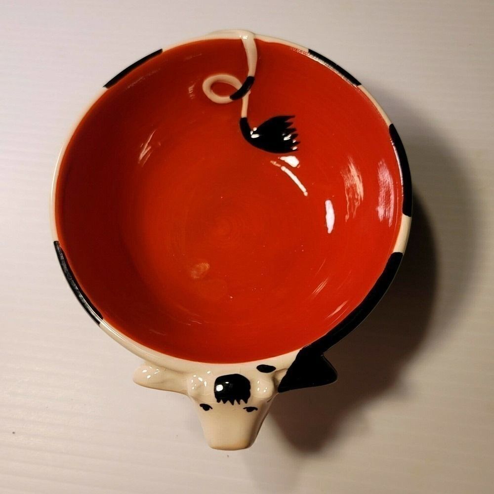 Clay Art White Black Cow 6" Bowl Red Orange